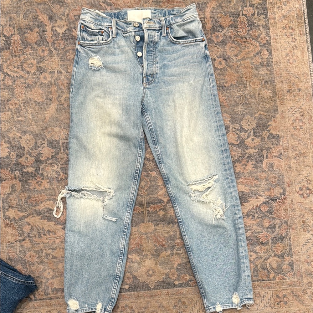 MOTHER Blue Boyfriend Jeans Distressed Relaxed Fit